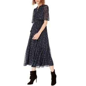 Kate Spade Leopard Dot Midi Dress Navy Blue Silk Tiered Ruffle Sz 00